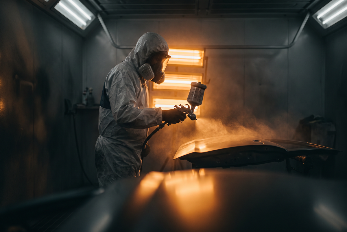 Panel beater in a white spray suit and respirator spraying a car bonnet inside a lit spray booth