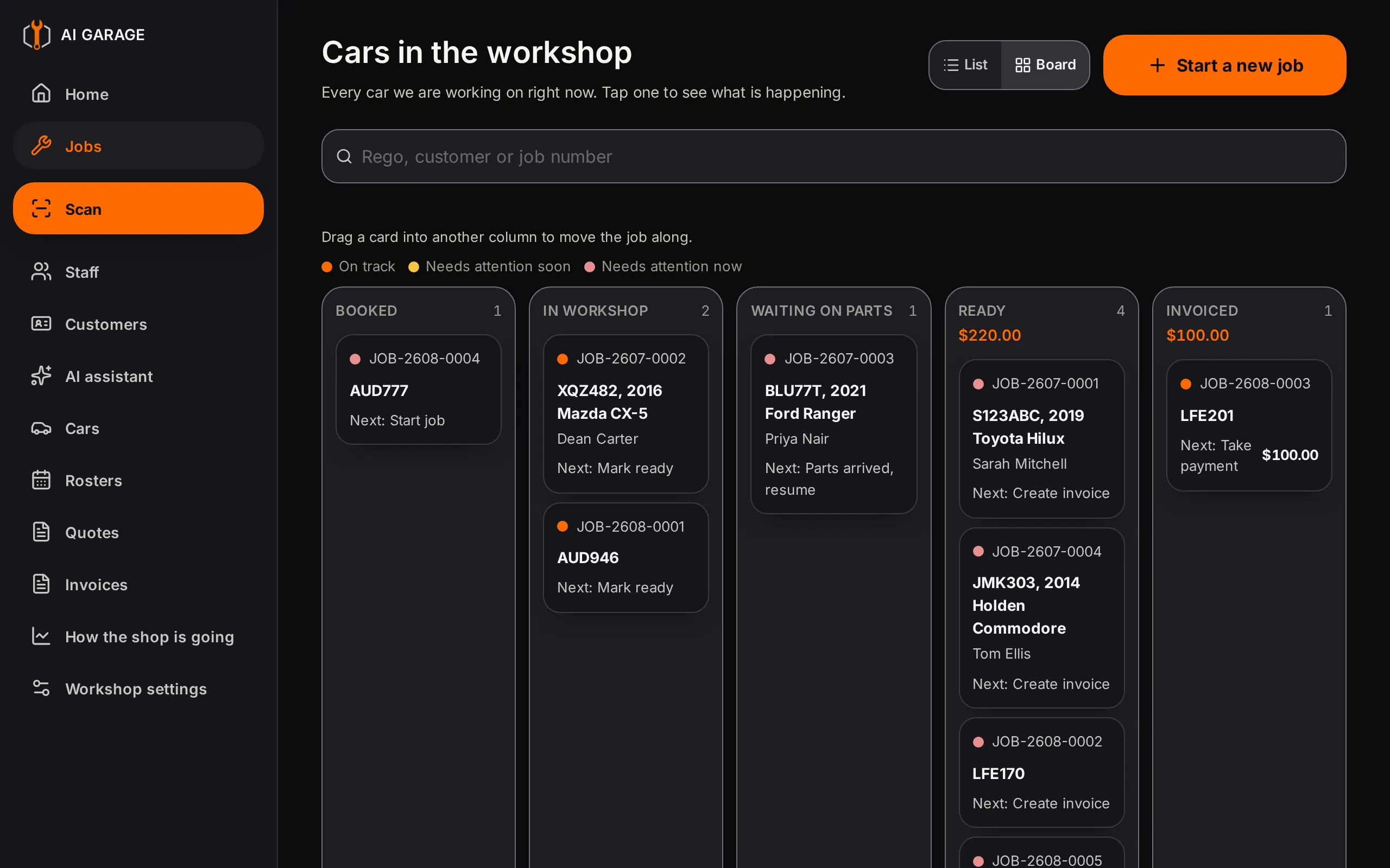 AI Garage jobs board on a computer with columns for booked, in workshop, waiting on parts, ready and invoiced