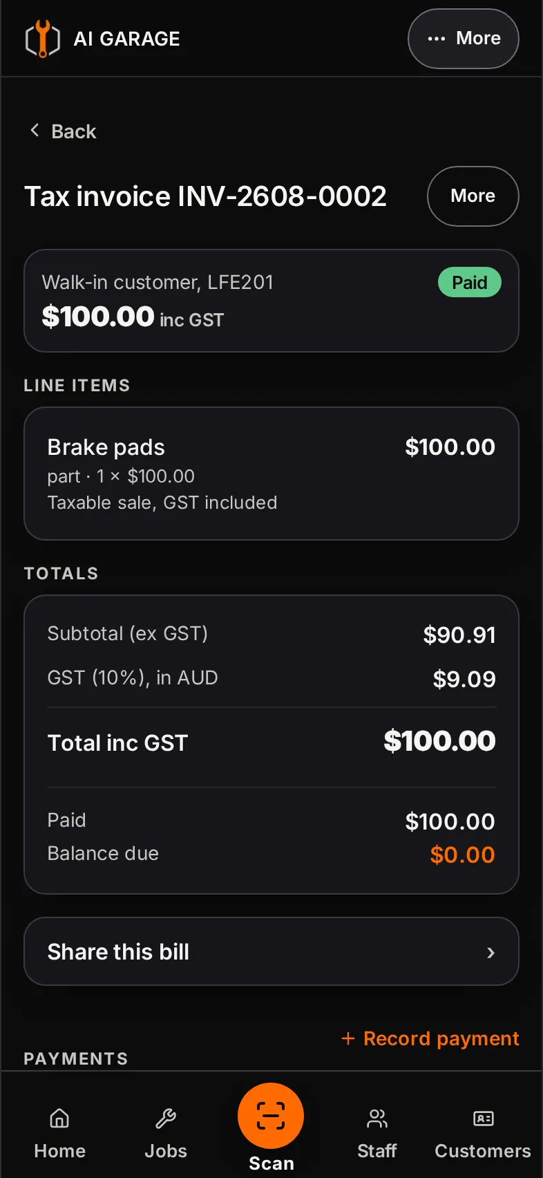 AI Garage tax invoice screen showing line items, GST and the balance due