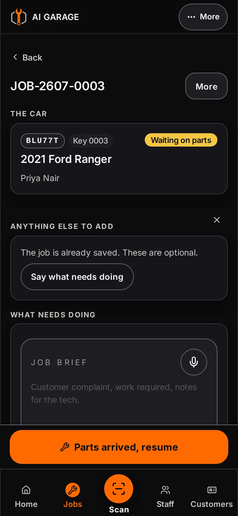 AI Garage job screen on a phone showing a 2021 Ford Ranger waiting on parts