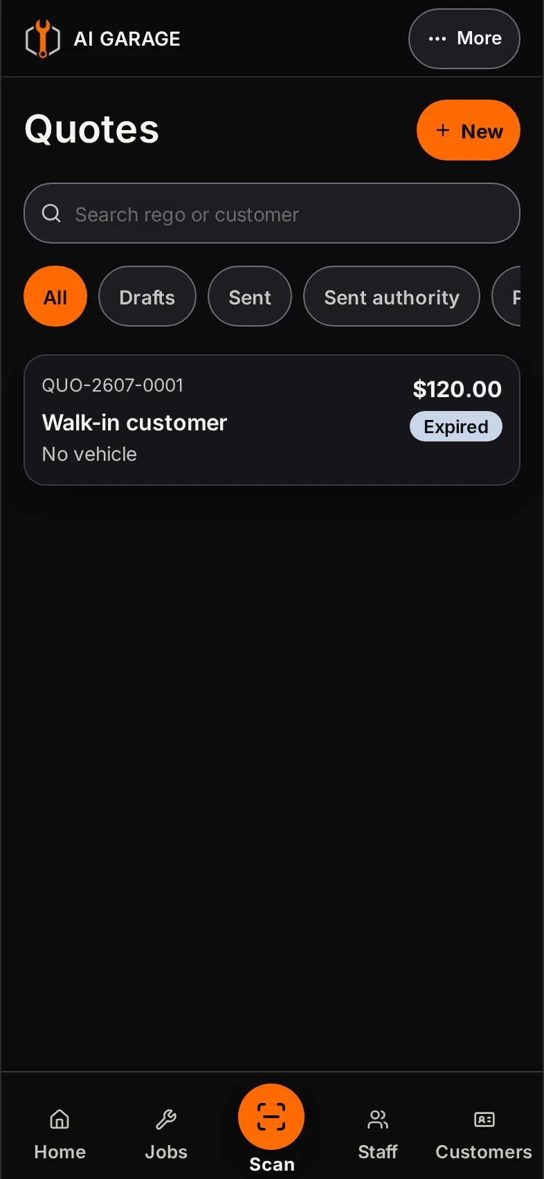 AI Garage quotes list running full screen on a phone
